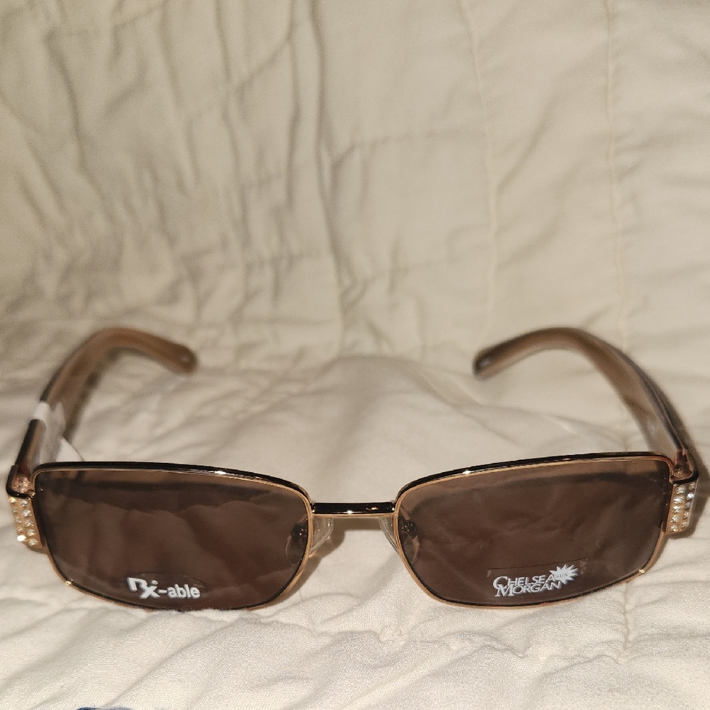 Women's Brown Rectangular Sunglasses with Gold Ac… - image 1